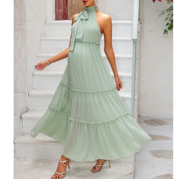 Maternity Mint Green Halter Neck Tie Layered maxi Dress - Picture 4 of 4